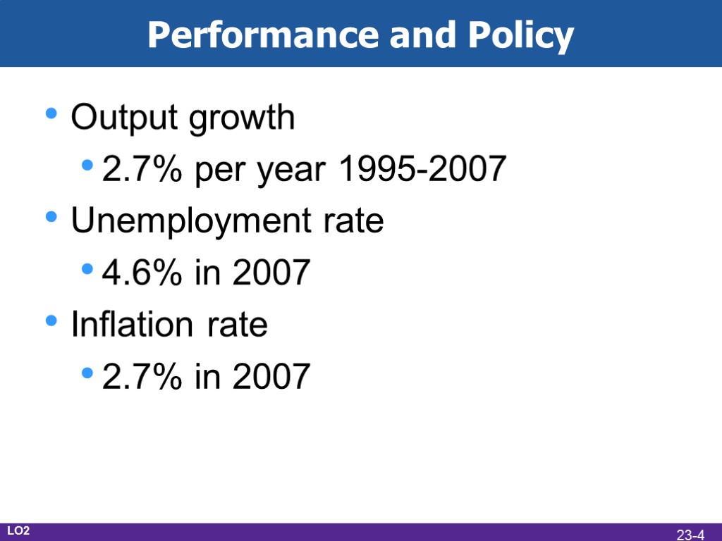 Performance and Policy Output growth 2.7% per year 1995-2007 Unemployment rate 4.6% in 2007